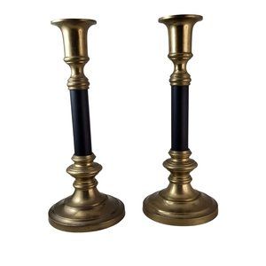 Vintage Pair of Heavy Brass & Black Candlestick Holders